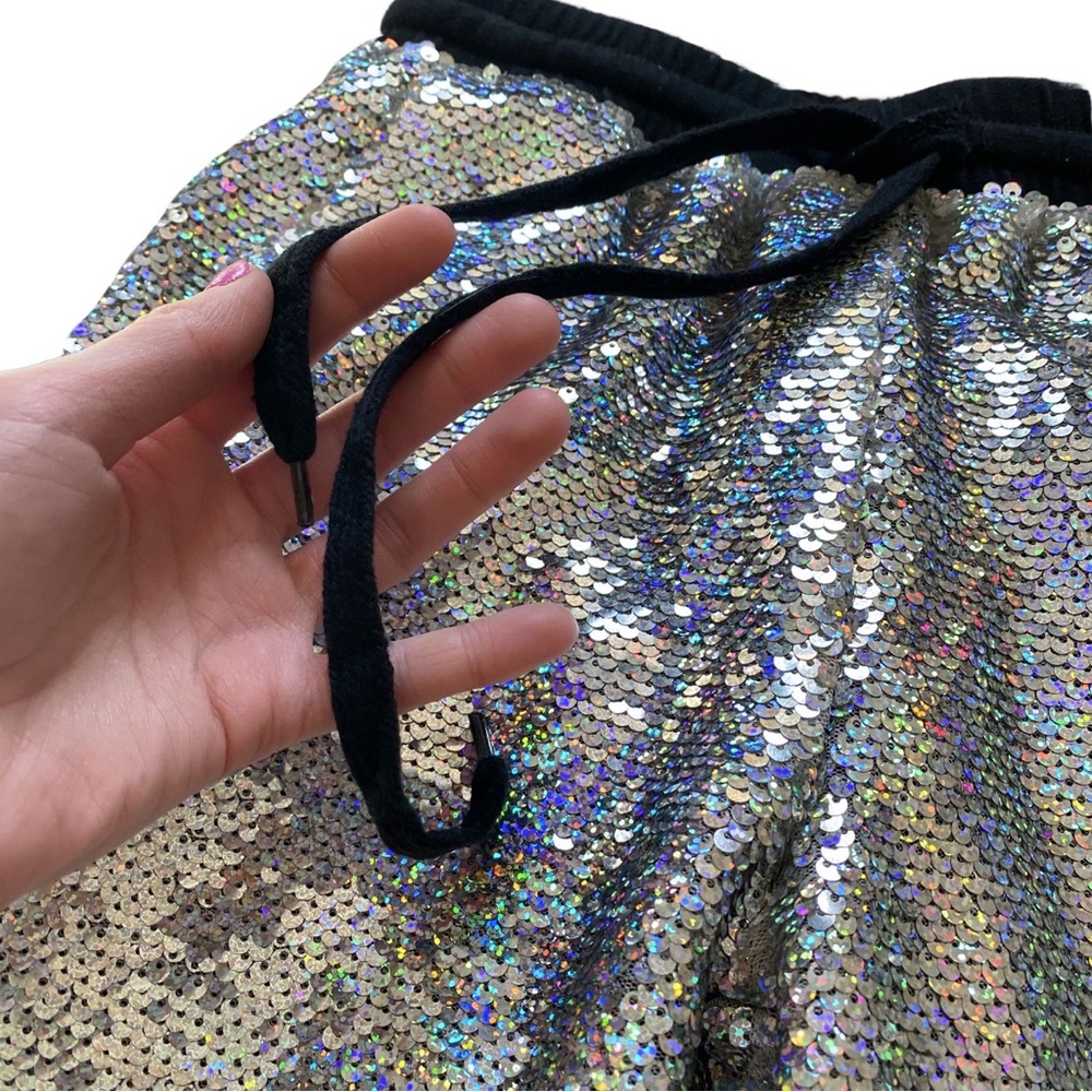 Women Sequin Holographic Sweatpant Size XS Rainbow Silver Jogger Pant Festival - Picture 6 of 15